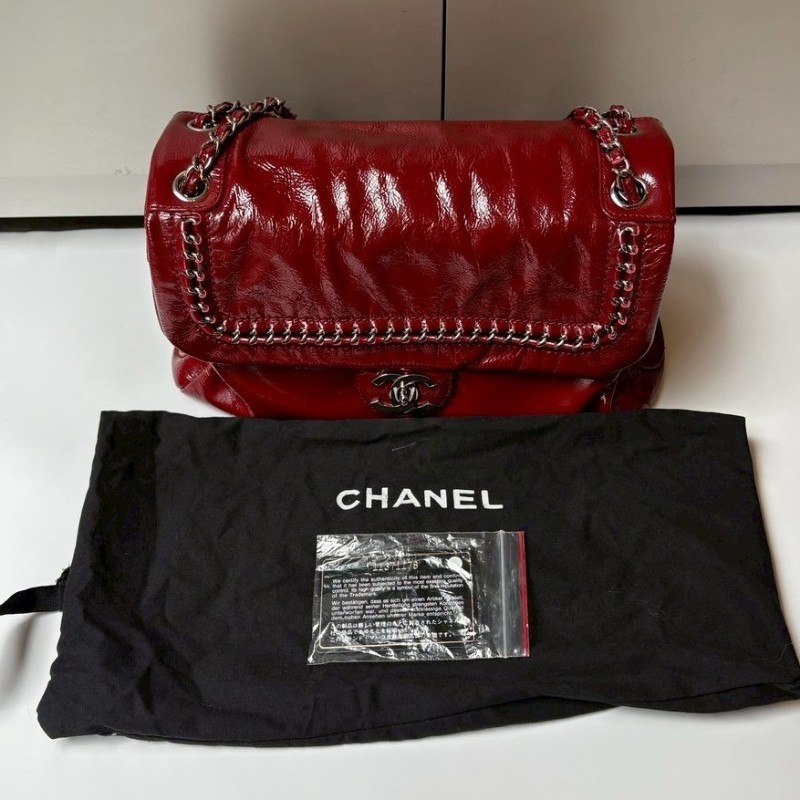 Chanel 銀鍊紅色漆皮下蓋肩側包-5