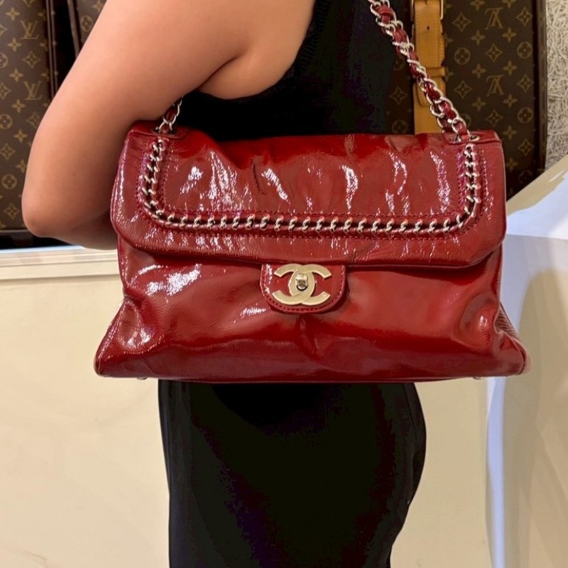 Chanel 銀鍊紅色漆皮下蓋肩側包-7
