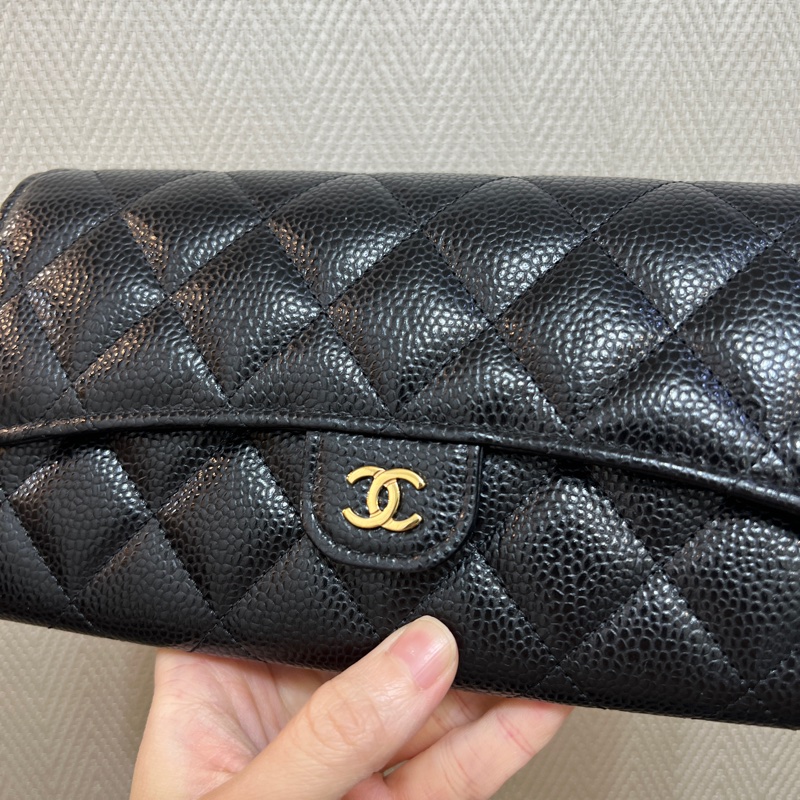 Chanel 黑荔枝皮金釦下蓋長夾AP0241-1