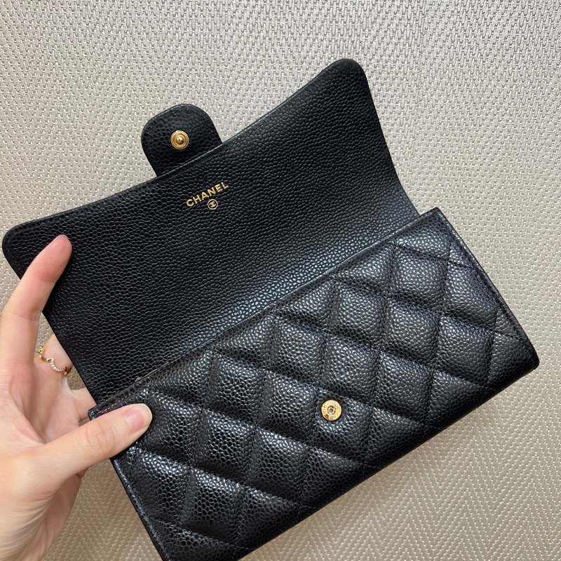 Chanel 黑荔枝皮金釦下蓋長夾AP0241-9