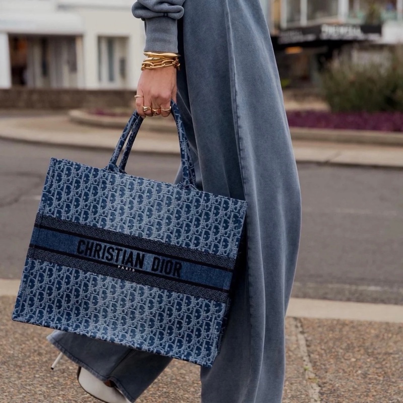 DIOR迪奧 提花面料拼牛仔布 托特包 大號 女款 藍色-0
