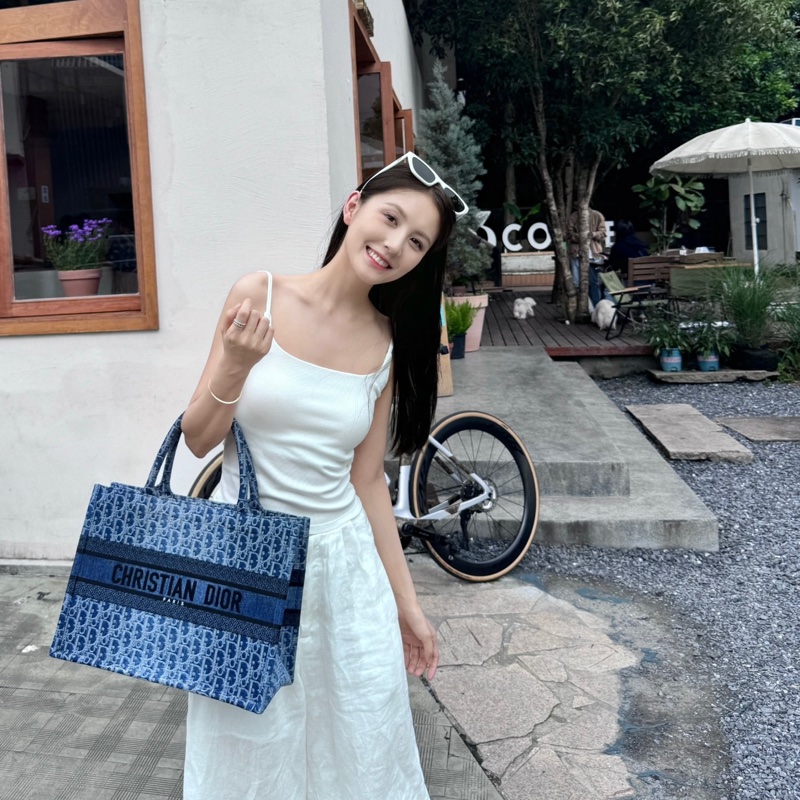 DIOR迪奧 提花面料拼牛仔布 托特包 大號 女款 藍色-4