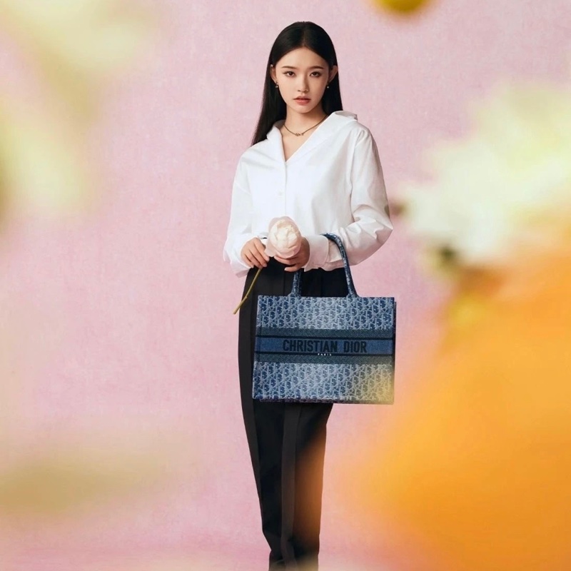 DIOR迪奧 提花面料拼牛仔布 托特包 大號 女款 藍色-6