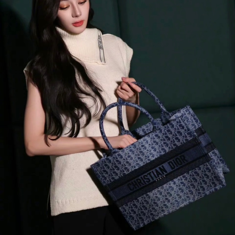 DIOR迪奧 提花面料拼牛仔布 托特包 大號 女款 藍色-7