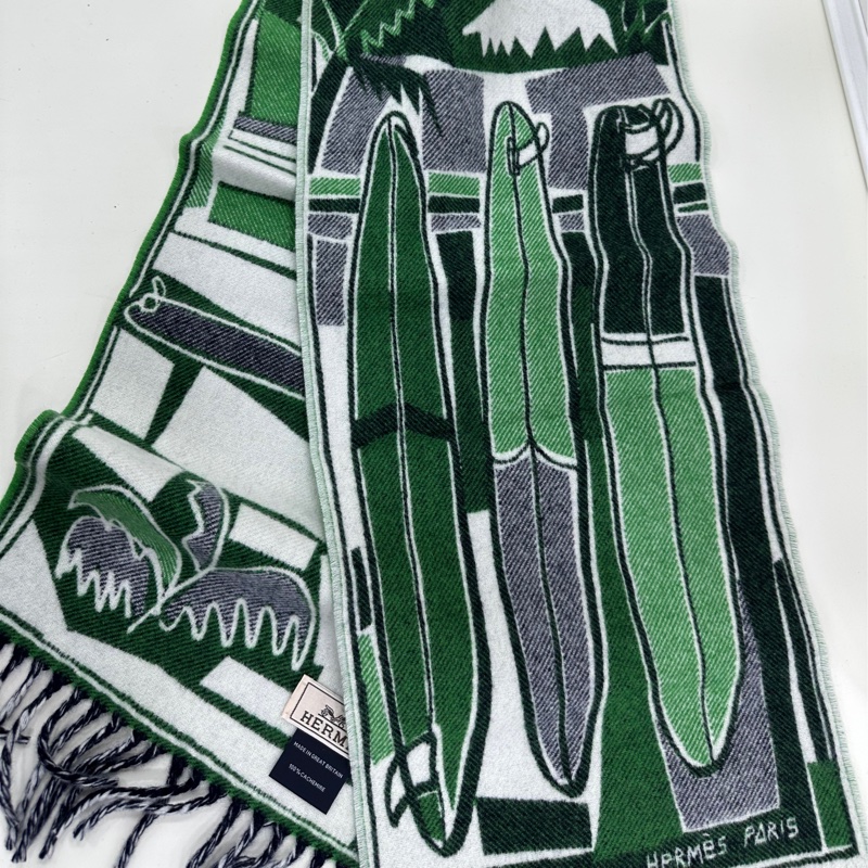 Hermès 愛馬仕 乘風破浪系列羊絨圍巾 綠色/白色男女同款 25*150cm 閒置未使用-2