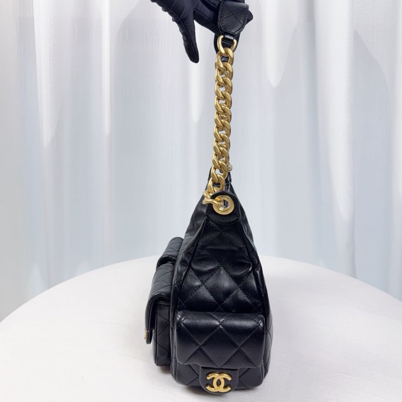 99新香奈兒 chanel 25c hobo 腋下包 嬉皮包 中號,黑金 羊皮 芯片款-2