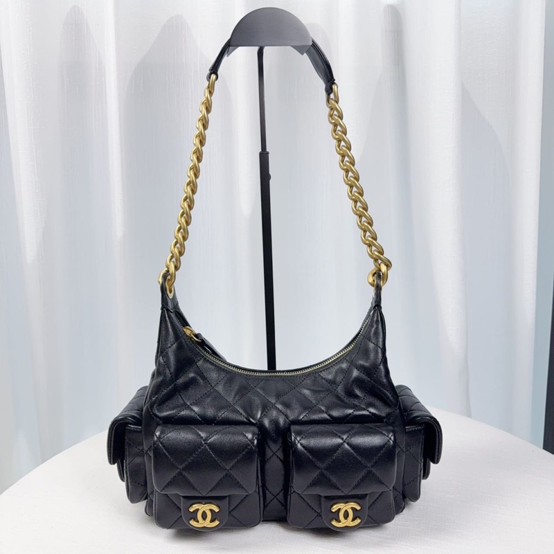 99新香奈兒 chanel 25c hobo 腋下包 嬉皮包 中號,黑金 羊皮 芯片款-5