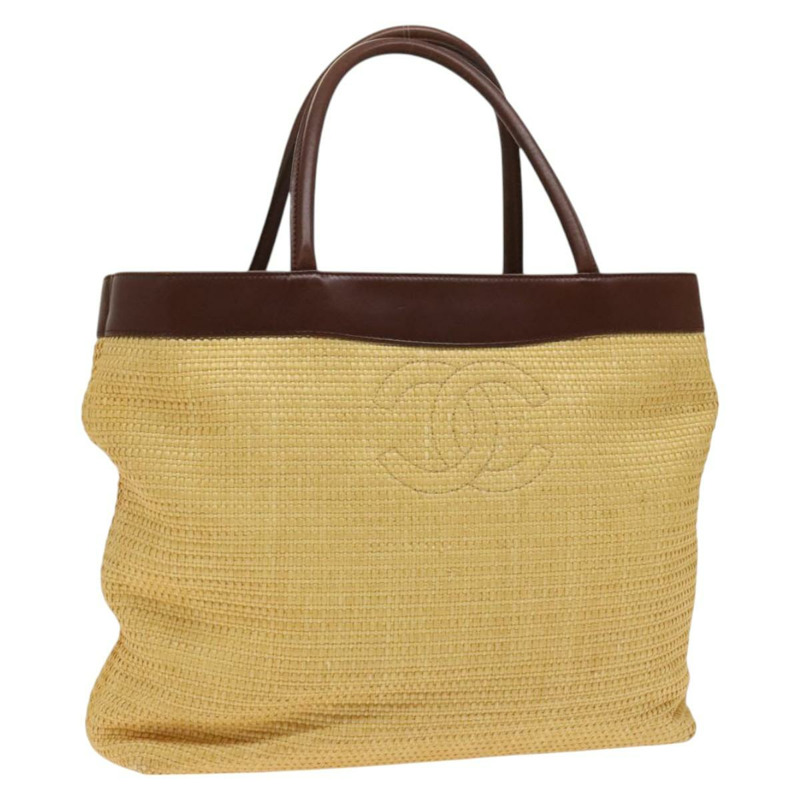 【日本直送】香奈兒托特包 拉菲草皮革 米色 棕色 金色 CC 標誌 Auth 131352-0