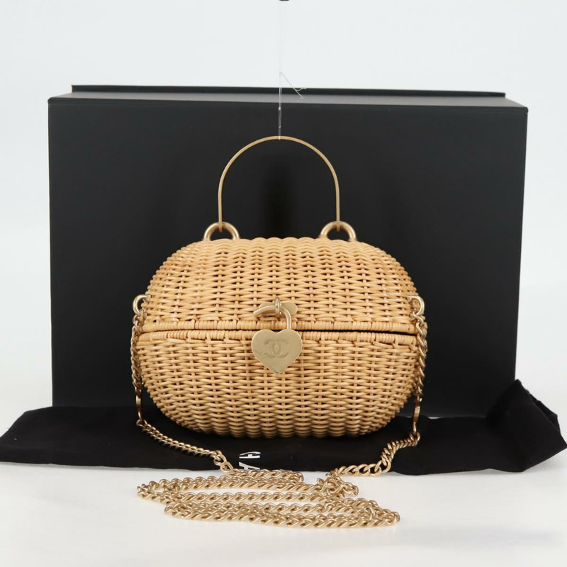 【日本直送】香奈兒藤編鏈條單肩包，米色金色雙C標誌，正品編號128491SV-11
