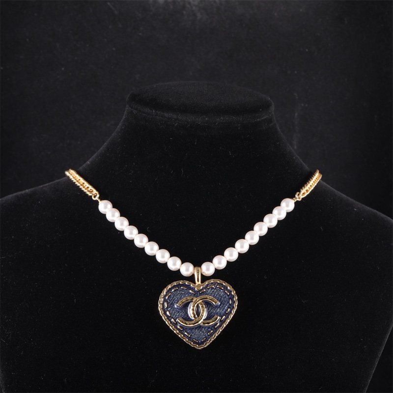 CHANEL(香奈兒) 24P 雙C愛心藍黑色 珍珠項鏈 合金 項鏈-0