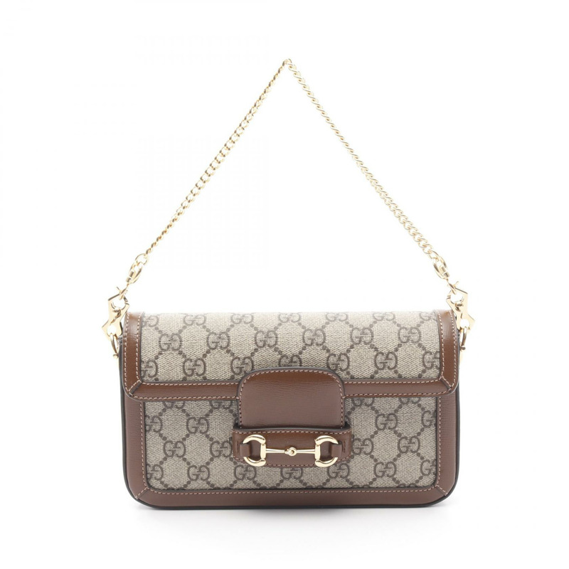 GUCCI Horsebit 1955 小號 GG Supreme 手提包 75200292TCG8563 PVC 塗層帆布皮革米棕色新款女士-0
