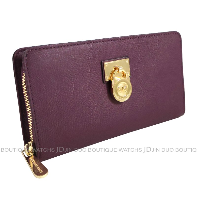 金鐸精品~2462 MICHAEL KORS MK 莓紅色防刮皮紋金鎖頭拉鍊長夾 全新品-2