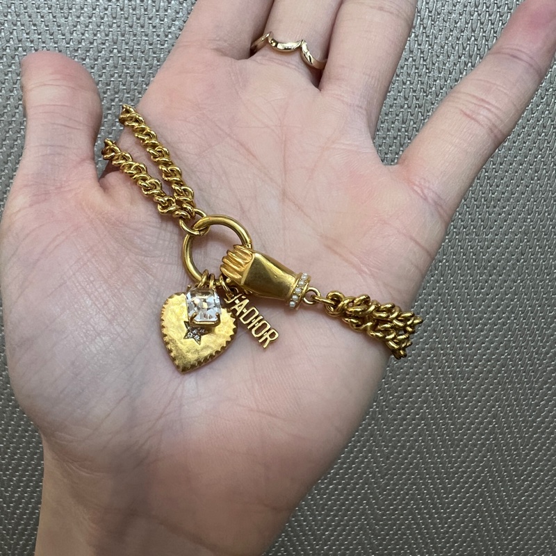 Dior 霧金色手 愛心 水鑽手鍊-4