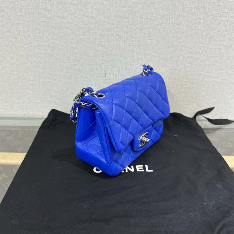 CHANEL 藍色銀扣方胖子肩背斜背包 17*13*7.5 98新配件塵袋-1