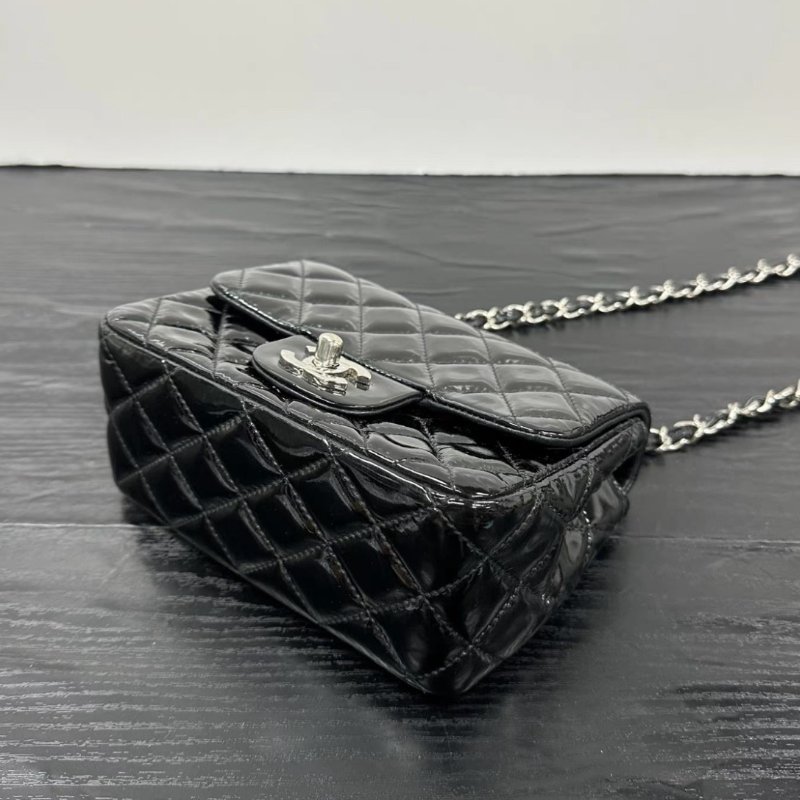 CHANEL 黑銀漆皮方胖子肩背斜背包 16*13*7.5 98新配件塵袋-3