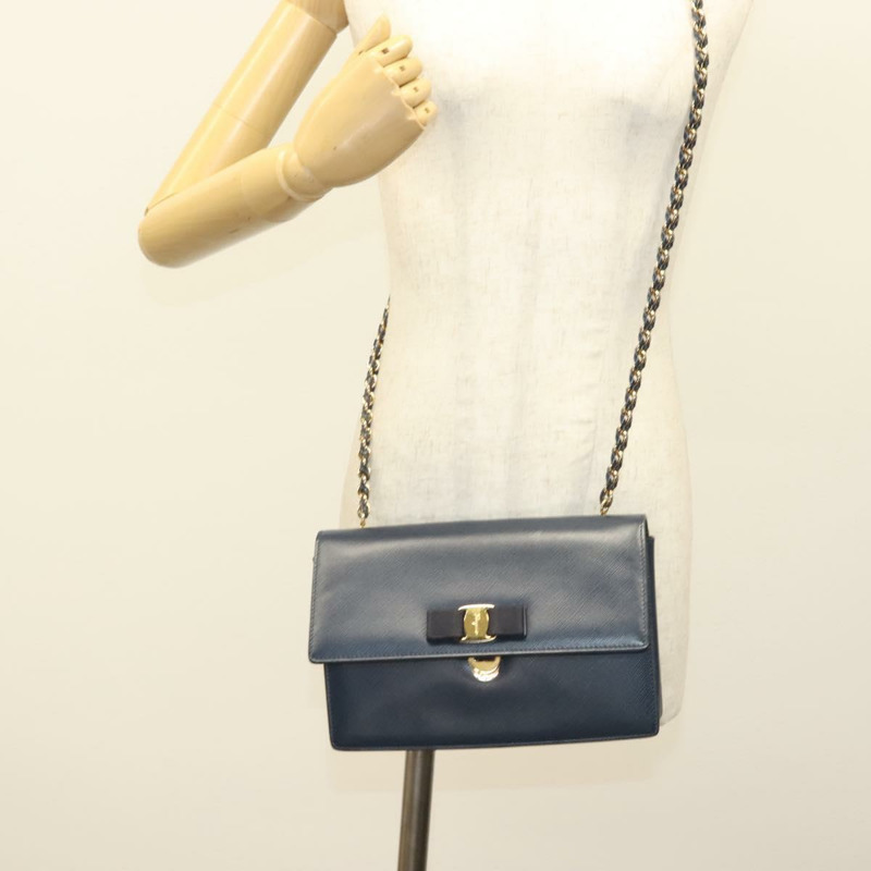 【日本直送】Salvatore Ferragamo Vala 鏈條單肩包 皮革 海軍藍 金色 正品 130907-22