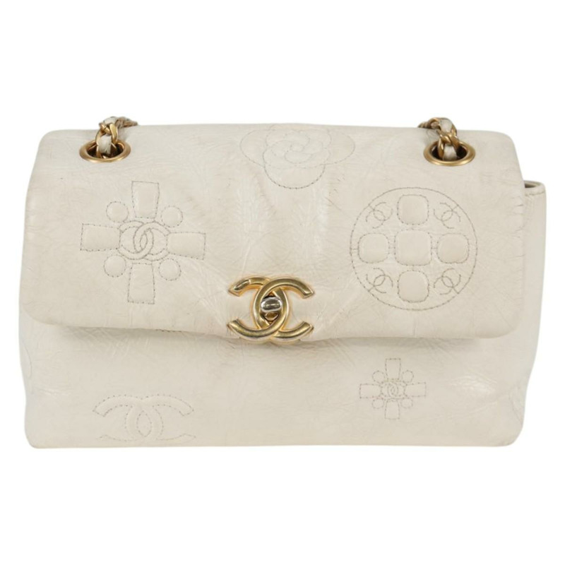 【日本直送】香奈兒鏈條肩背包 漆皮 白色 金色 CC 標誌 Auth 118910A-12