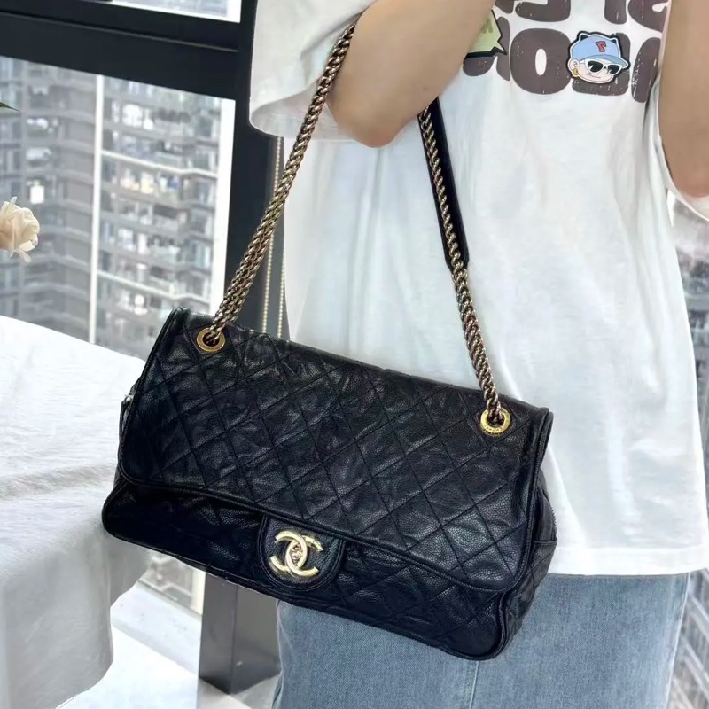 全網最低價🤩Lv黑金褶皺荔枝牛皮機場口蓋包鏈條斜挎單肩包-2