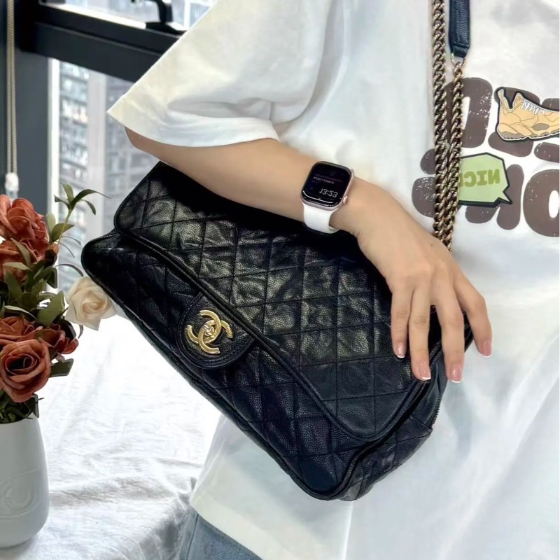 全網最低價🤩Lv黑金褶皺荔枝牛皮機場口蓋包鏈條斜挎單肩包-3