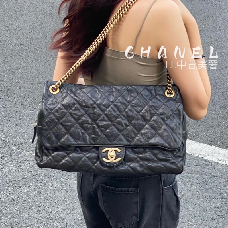 全網最低價🤩Lv黑金褶皺荔枝牛皮機場口蓋包鏈條斜挎單肩包-10