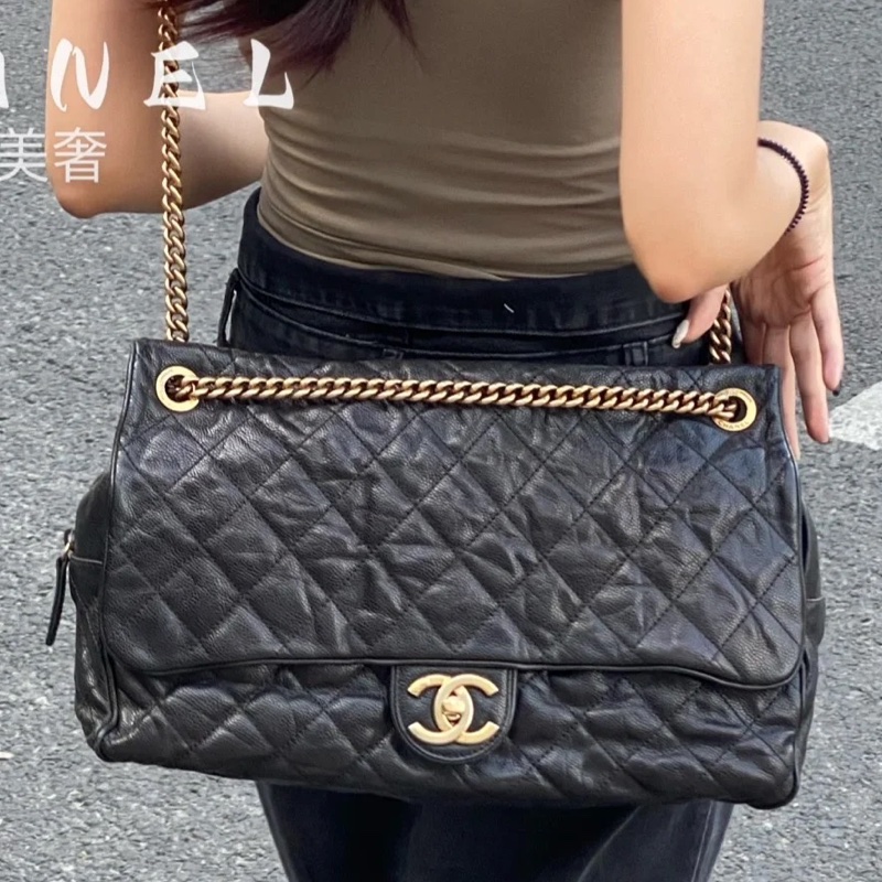 全網最低價🤩Lv黑金褶皺荔枝牛皮機場口蓋包鏈條斜挎單肩包-11