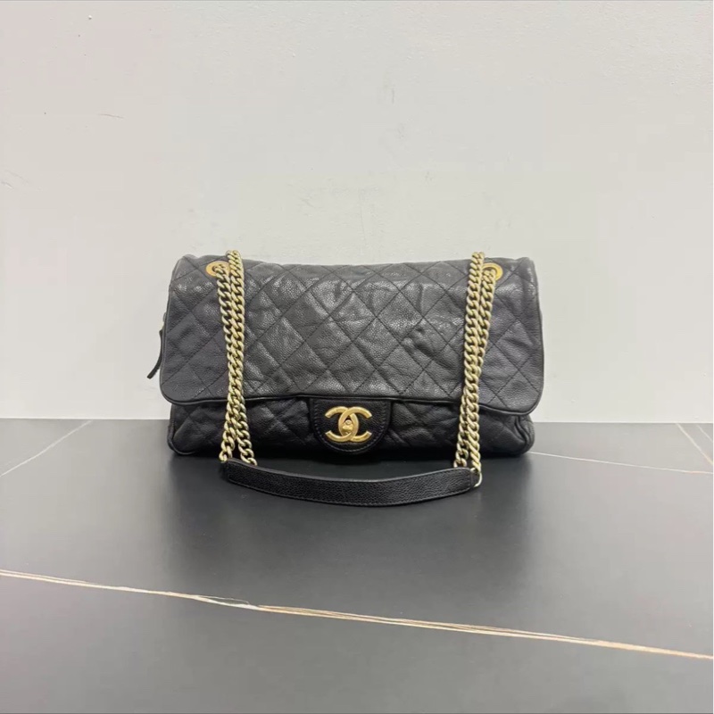 全網最低價🤩Lv黑金褶皺荔枝牛皮機場口蓋包鏈條斜挎單肩包-13