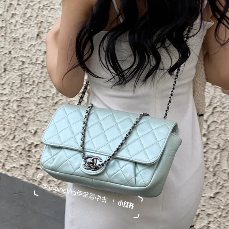 限量出售🈶購證🤩Chanel薄荷珠光銀扣cf系列鏈條單肩斜挎口蓋包🫧-2