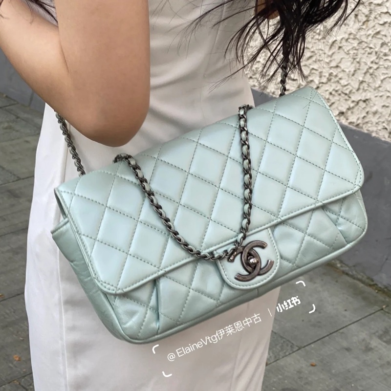 限量出售🈶購證🤩Chanel薄荷珠光銀扣cf系列鏈條單肩斜挎口蓋包🫧-3