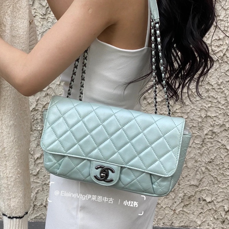 限量出售🈶購證🤩Chanel薄荷珠光銀扣cf系列鏈條單肩斜挎口蓋包🫧-4