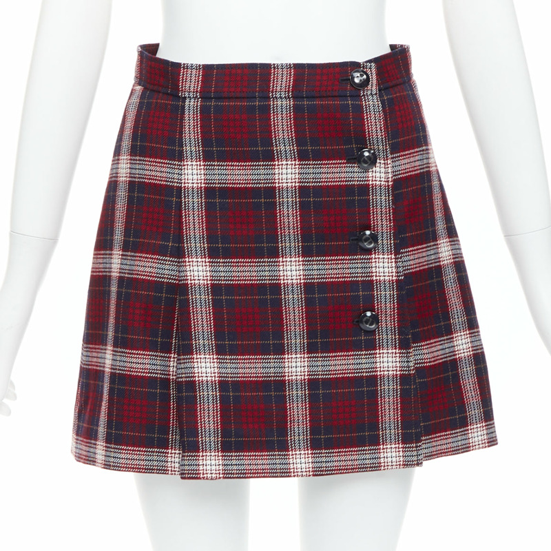 DIOR 2021 red navy virgin wool plaid silk lined A-line skirt FR34 XS-0