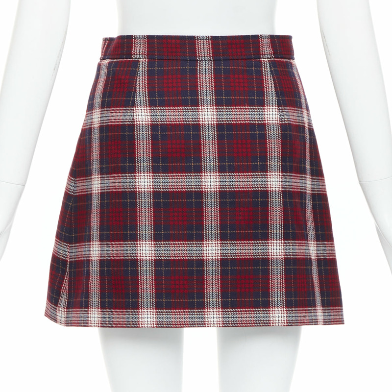 DIOR 2021 red navy virgin wool plaid silk lined A-line skirt FR34 XS-4
