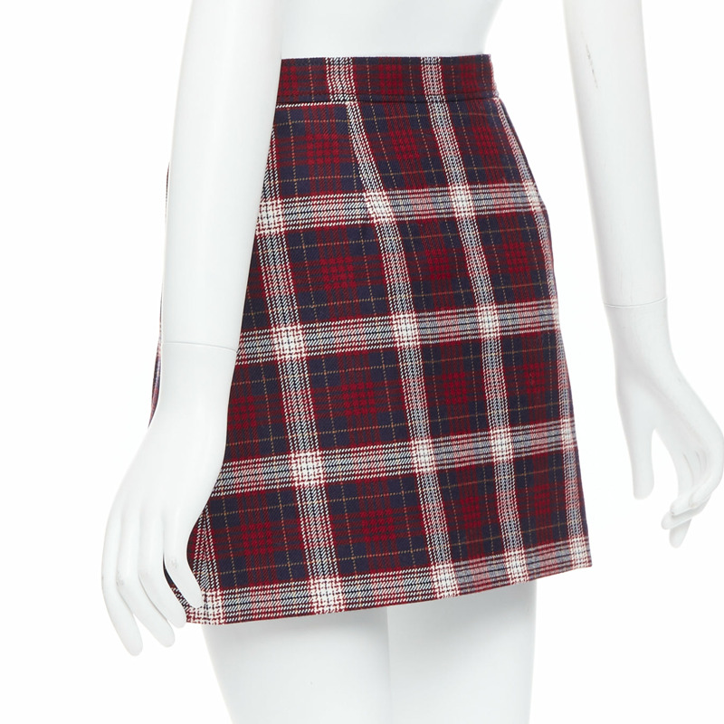 DIOR 2021 red navy virgin wool plaid silk lined A-line skirt FR34 XS-5