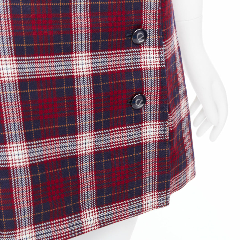 DIOR 2021 red navy virgin wool plaid silk lined A-line skirt FR34 XS-6