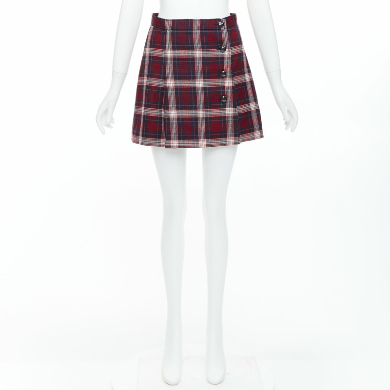 DIOR 2021 red navy virgin wool plaid silk lined A-line skirt FR34 XS-8