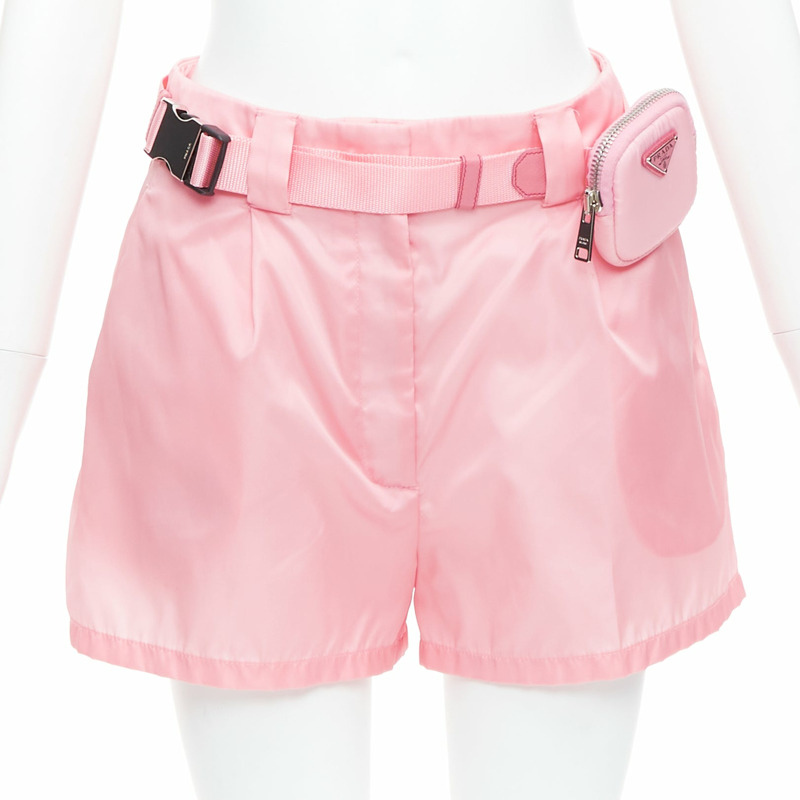 PRADA 2021 Re-Nylon pink triangle logo mini pouch high waist shorts IT38 XS-0