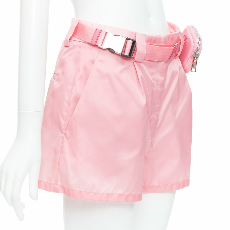 PRADA 2021 Re-Nylon pink triangle logo mini pouch high waist shorts IT38 XS-2