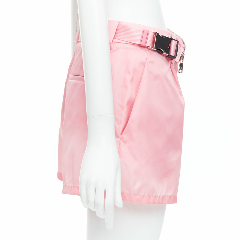 PRADA 2021 Re-Nylon pink triangle logo mini pouch high waist shorts IT38 XS-3