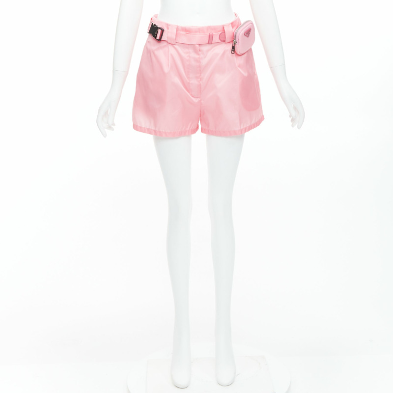 PRADA 2021 Re-Nylon pink triangle logo mini pouch high waist shorts IT38 XS-8