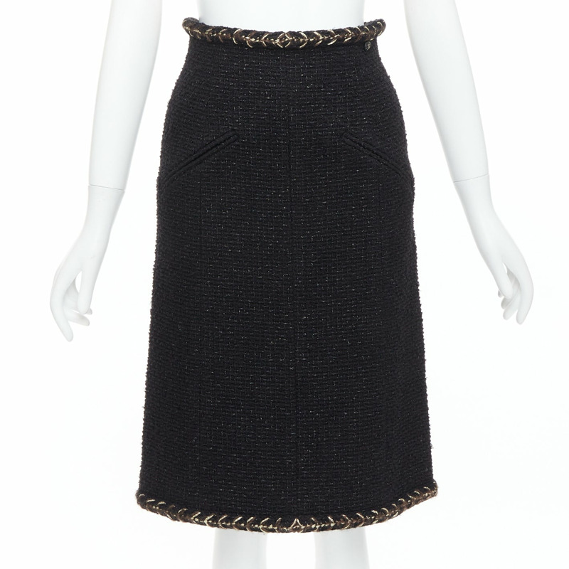 CHANEL 18K black cotton tweed brown gold braided trim tweed skirt FR34 XS-0