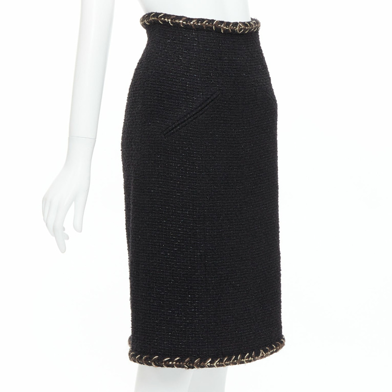CHANEL 18K black cotton tweed brown gold braided trim tweed skirt FR34 XS-2