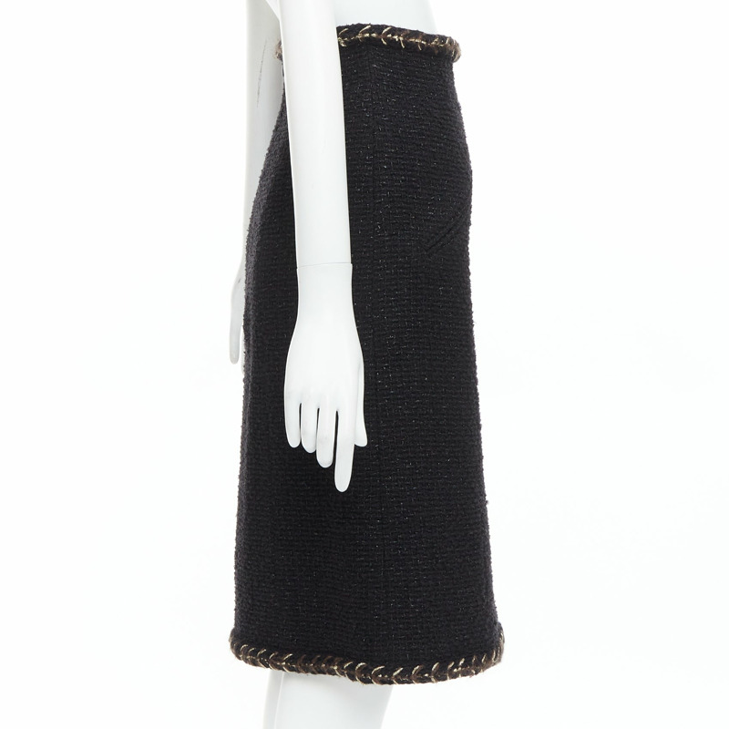 CHANEL 18K black cotton tweed brown gold braided trim tweed skirt FR34 XS-3