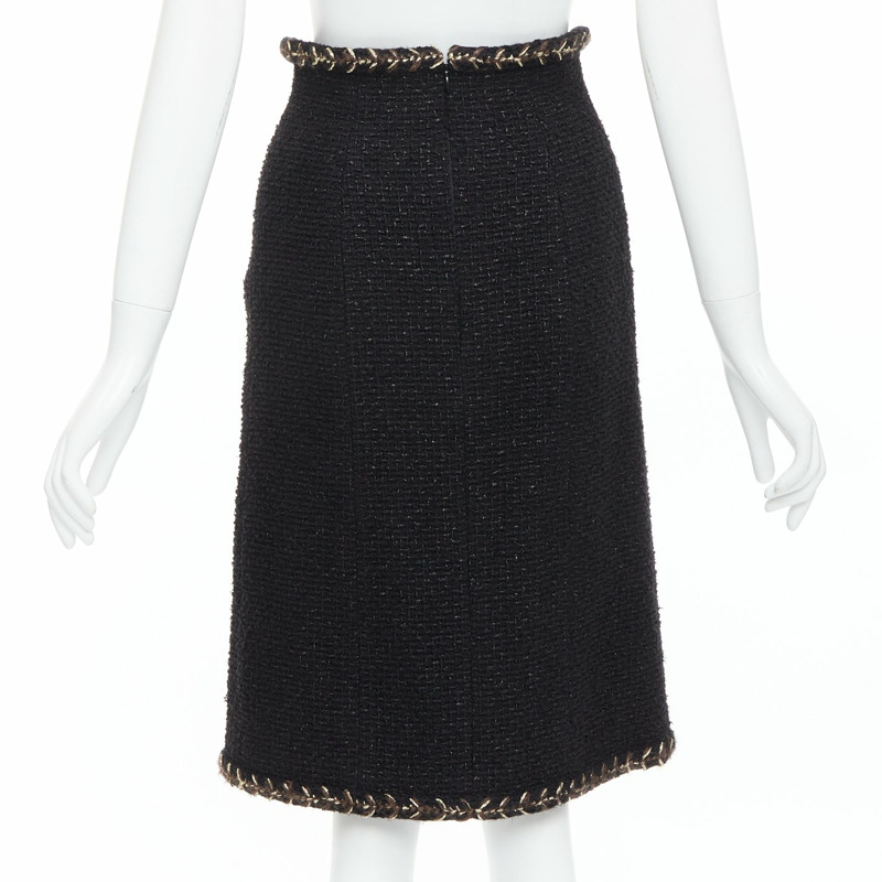 CHANEL 18K black cotton tweed brown gold braided trim tweed skirt FR34 XS-4