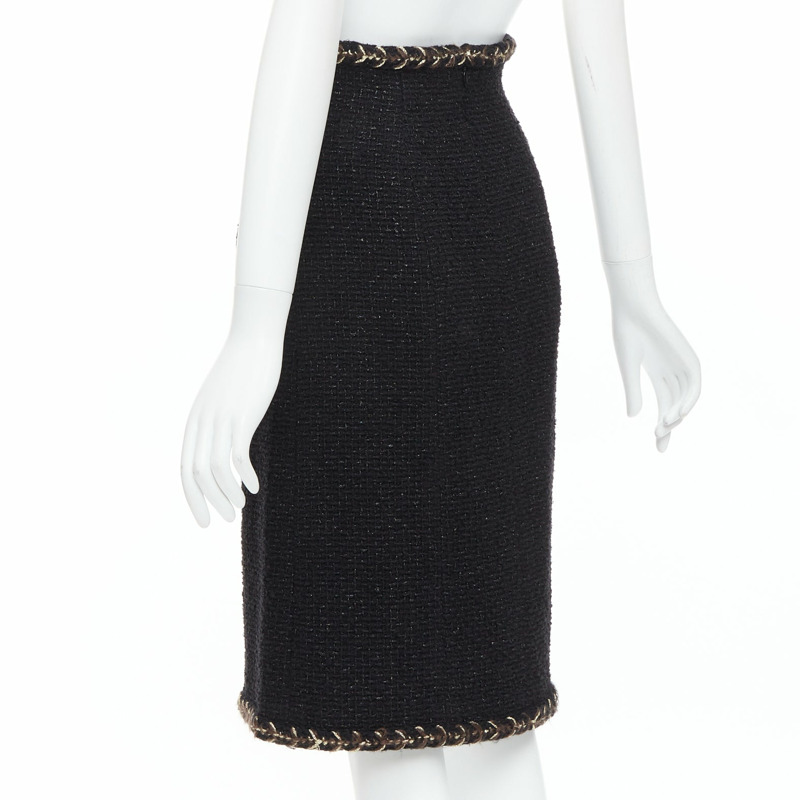 CHANEL 18K black cotton tweed brown gold braided trim tweed skirt FR34 XS-5