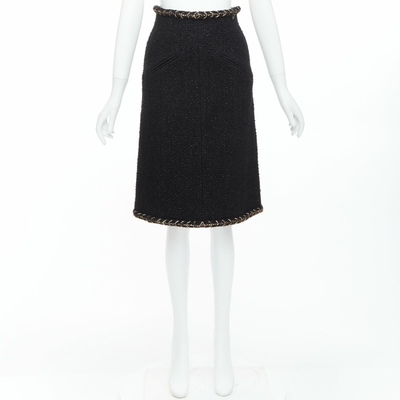 CHANEL 18K black cotton tweed brown gold braided trim tweed skirt FR34 XS-8