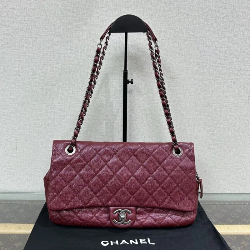 CHANEL CF紅銀荔枝牛皮肩背斜背包 32*18*7 98新配件塵袋-0