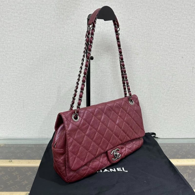 CHANEL CF紅銀荔枝牛皮肩背斜背包 32*18*7 98新配件塵袋-1