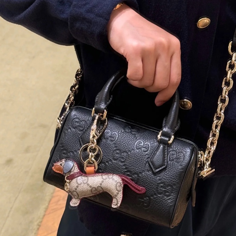 全網最低價🤩Gucci黑色全皮logo壓紋迷你波士頓包手提斜挎單肩包-0