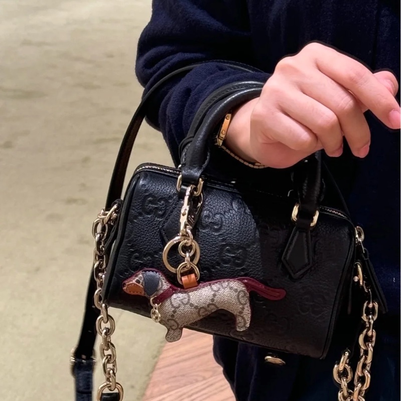 全網最低價🤩Gucci黑色全皮logo壓紋迷你波士頓包手提斜挎單肩包-2