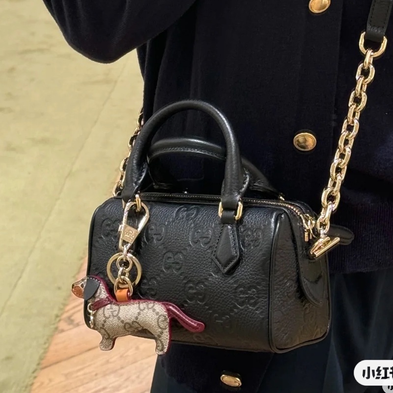 全網最低價🤩Gucci黑色全皮logo壓紋迷你波士頓包手提斜挎單肩包-3