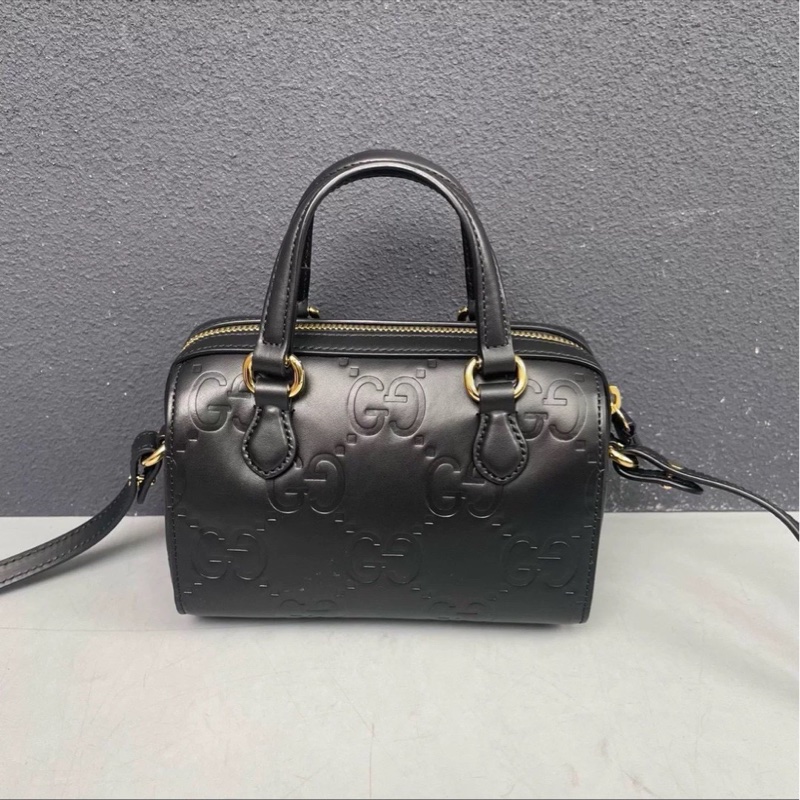 全網最低價🤩Gucci黑色全皮logo壓紋迷你波士頓包手提斜挎單肩包-8